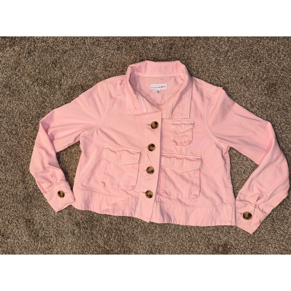 LOFT Women Pink Denim Utility Jacket Cropped Button Front Trucker Small (711)